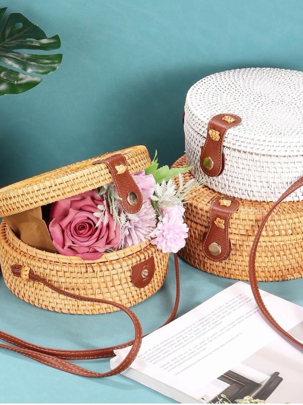 Woven Round Straw Crossbody Bag with Brown Trim - Picture 4 of 8